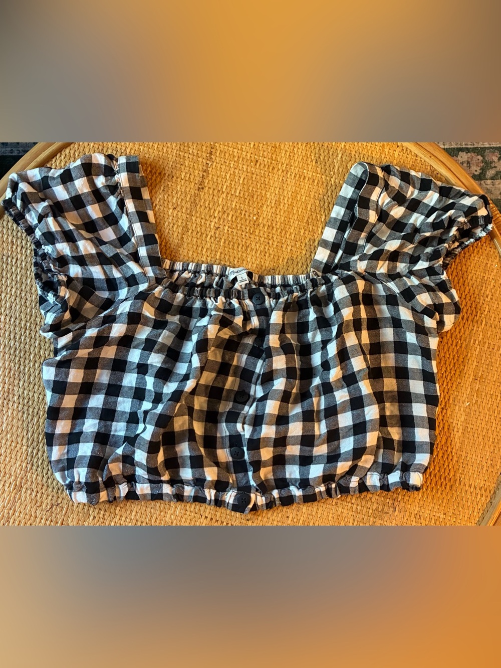 Madewell Gingham Linen Blend Puff Sleeve Crop Top